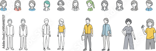 People character avatars set with male female portraits and full body figures casual modern flat vector illustration collection
