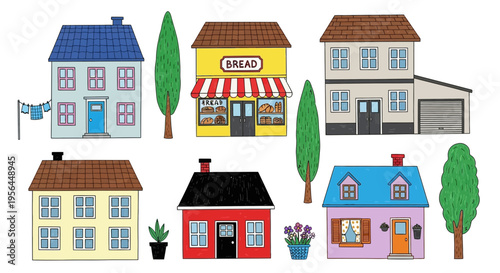 Colorful illustration of various houses and trees
