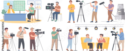 Broadcast studio production set, television crew filming interviews, camera operators, sound engineers, media workflow illustration collection