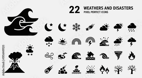 Weather and disaster icons on gray background