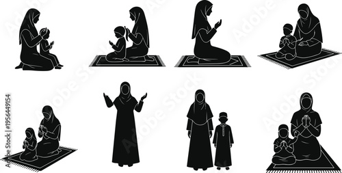 Muslim mother teaching son prayer and dua silhouettes set, Islamic family worship on mat, Ramadan Kareem and religious education concept.