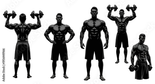 Muscular men exercising with dumbbells