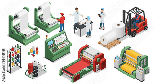 A collection of industrial machines and workers