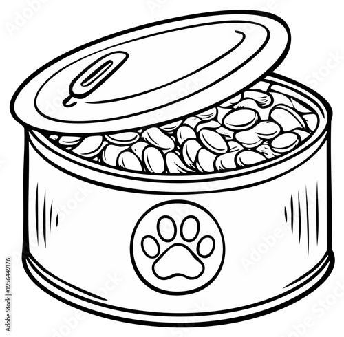 Open can of pet food with paw print illustration on label