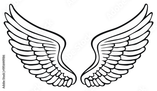 Pair of stylized white outlined angel wings with feathered details spreading upwards and outwards.