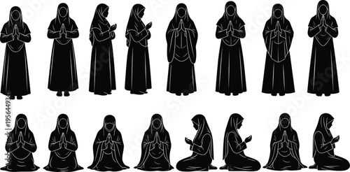 Muslim Woman Praying Silhouette Set with Hijab in Standing and Sitting Positions for Islamic Religious Greeting Cards and Ramadan Designs
