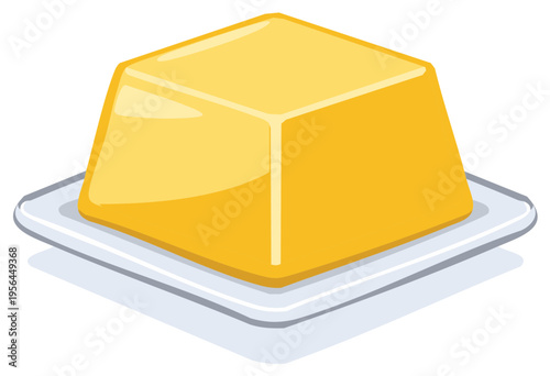 Glossy yellow gelatin dessert in a cube shape on a small plate. Simple food vector illustration.