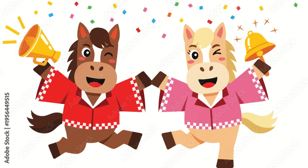 Fototapeta premium Two cartoon horses ringing bells on with confetti