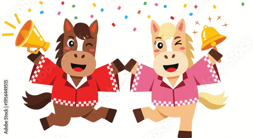 Two cartoon horses ringing bells on with confetti