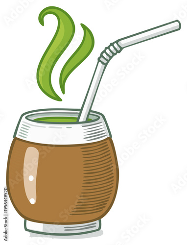 Traditional beverage with straw and steam rising