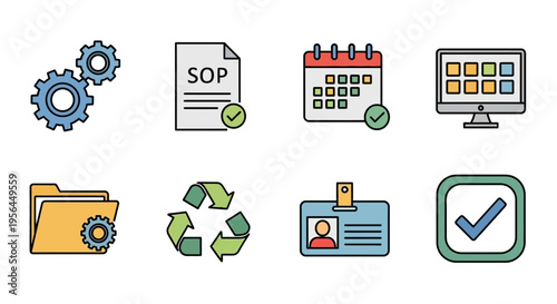 Set of business and workflow management icons in colorful flat design