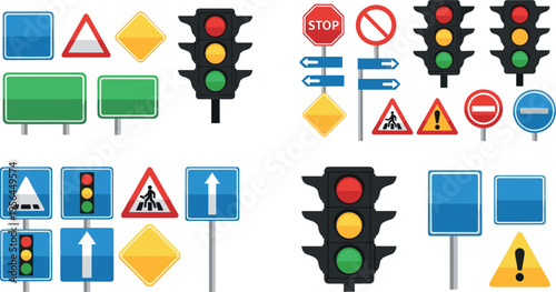 Traffic Road Signs and Lights Vector Set with Warning Direction Stop Symbols Street Signals and Transportation Safety Icons Collection