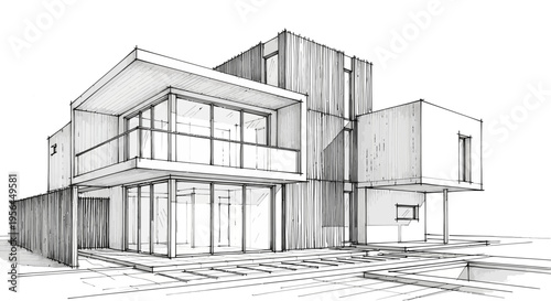 Modern house with balcony and glass windows sketch
