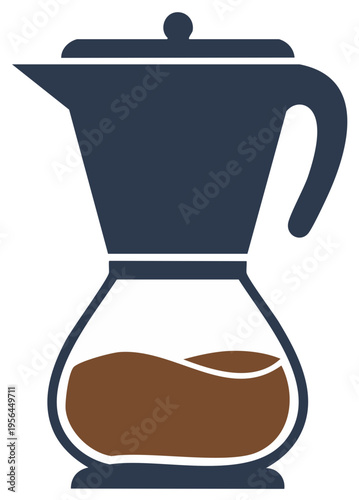 Stylized coffee maker with dark blue top and brown liquid in glass carafe