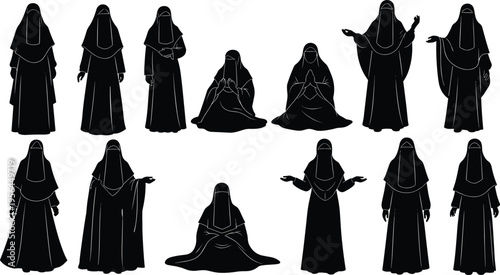 Set of Muslim women silhouettes wearing niqab and abaya in various standing sitting and praying poses for Islamic culture design