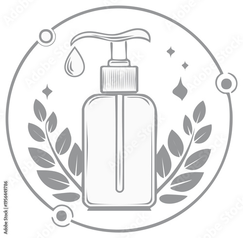 Hand sanitizer bottle with leaves and decorative elements in a circular frame