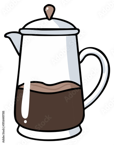 Clear glass coffee pot with handle and lid filled with dark coffee liquid