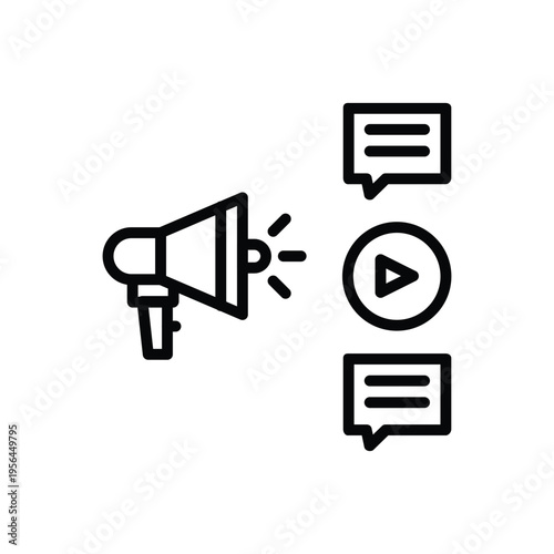 Line Icons Featuring Megaphone Speech Bubbles and Play Button.