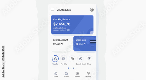 A modern mobile banking application interface displaying checking, savings, and credit card balances along with transaction options and navigation.