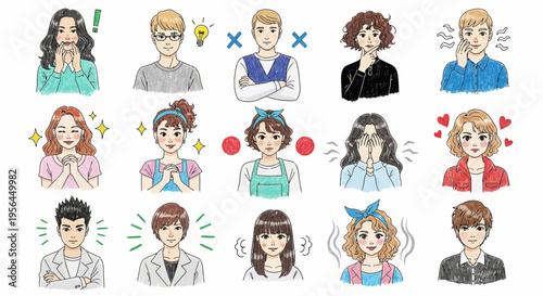 Variety of cartoon style people illustrations with different emotions and reactions