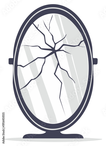 Oval Mirror with Cracked Surface and Broken Reflection