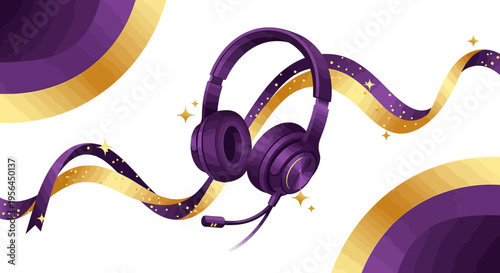 Elegant purple headphones with microphone, accented with golden swirls and shining stars, isolated