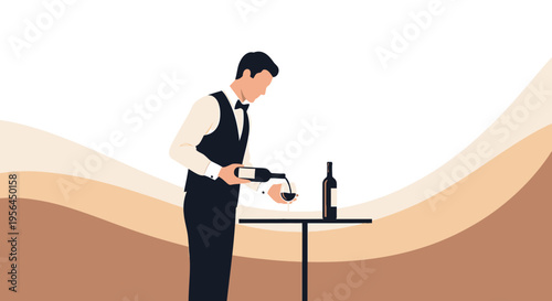 Elegant sommelier pouring red wine into a glass with a bottle at the table