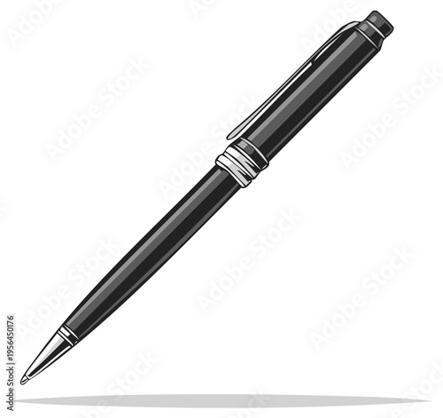 Stylized Ink Pen Illustration for Writing and Office Supplies Black Pen Silver Accents