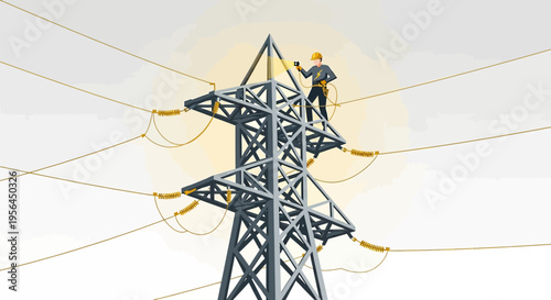 Electrician performing maintenance on high-voltage transmission tower with safety gear and