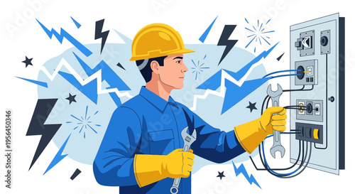 Electrician wearing a yellow helmet working on electrical panel maintenance service power grid