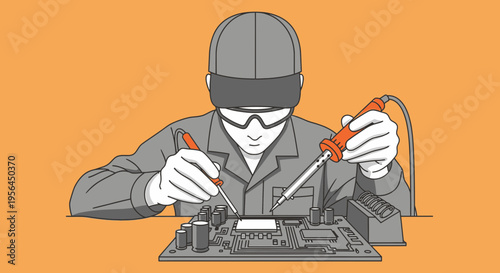 Electronic Technician Precisely Soldering Components onto a Circuit Board Illustration