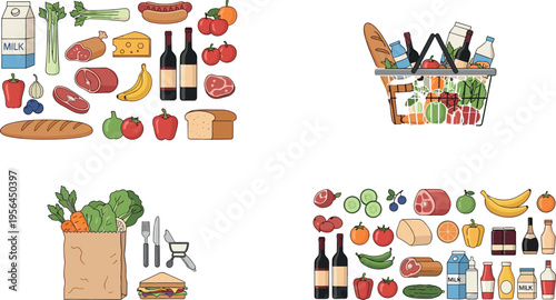 Grocery Food Collection with Market Basket, Paper Bag, Fresh Produce, Bread, Dairy, and Pantry Items Vector Set