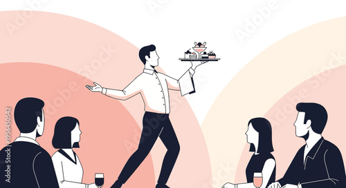 Elegant Dessert Service: A waiter presents decadent desserts to discerning guests within a stylish