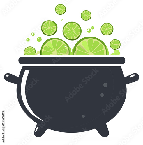 Whimsical cauldron overflowing with bubbling green liquid and sliced limes creating magical potion