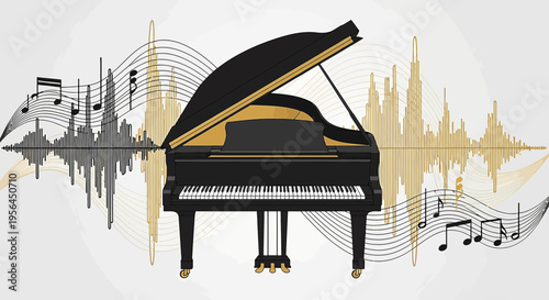 Elegant grand piano illustration with music notes and sound wave visualization backdrop