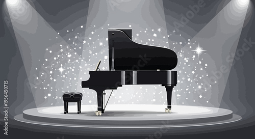 Elegant grand piano on stage illuminated with spotlights creating a classical vibe
