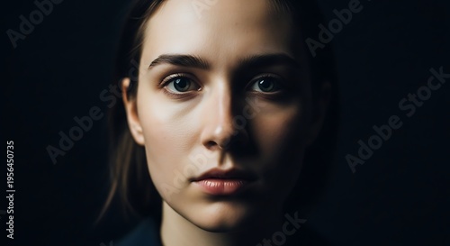 A close-up portrait of a woman with a dramatic lighting effect on her face