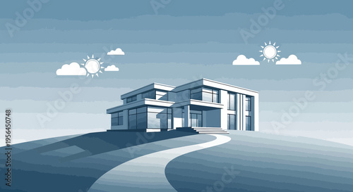 Elegant modern house illustration, situated atop a gentle slope, embraced by a serene sky scape
