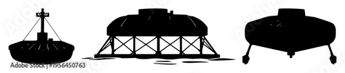 Solid black silhouette of a solar-powered desalination buoy, floating ocean technology, bold sharp edges, white background. set with simple line art design featuring simple design, minimalist, blac...