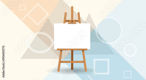 Elegant painter's easel with blank canvas and abstract geometric pastel background illustration
