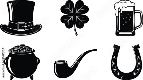 Collection of six black and white Irish culture icons including leprechaun hat, clover, beer mug, pot of gold, pipe, and horseshoe for festive design projects