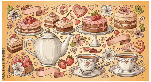 Colorful desserts and tea party in whimsical illustration with warm pastel colors on flat lay for greeting card
