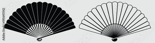 Traditional Japanese Folding Hand Fans In Black Silhouette And Outline Illustration Style.
