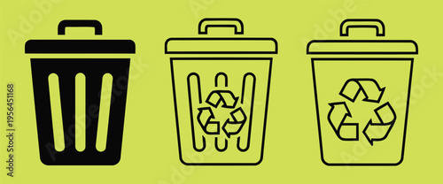 Digital Vector Icons Illustrating Trash, Waste, And Recycling Bins For Environmental Design