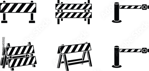 Black and white vector icons of construction barricades, safety barriers, and traffic control gates used for roadblocks, restricted access, and industrial safety illustrations