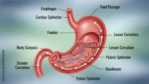 High detailed anatomical medical illustration of human stomach showing esophagus, fundus, body, greater and lesser curvatures, cardiac and pyloric sphincters with food passage arrows and duodenum, per