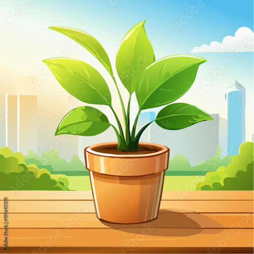 Kleine Zimmerpflanze in modernem Topf auf Holztisch