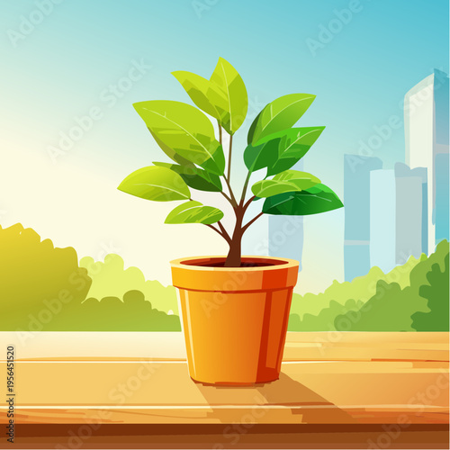 Kleine Zimmerpflanze in modernem Topf auf Holztisch