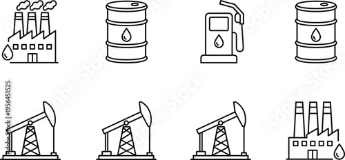 Black and white vector icons representing oil industry infrastructure, petroleum production, fuel distribution, 