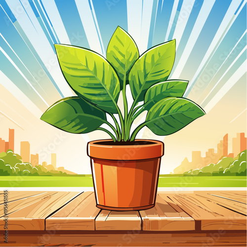 Kleine Zimmerpflanze in modernem Topf auf Holztisch